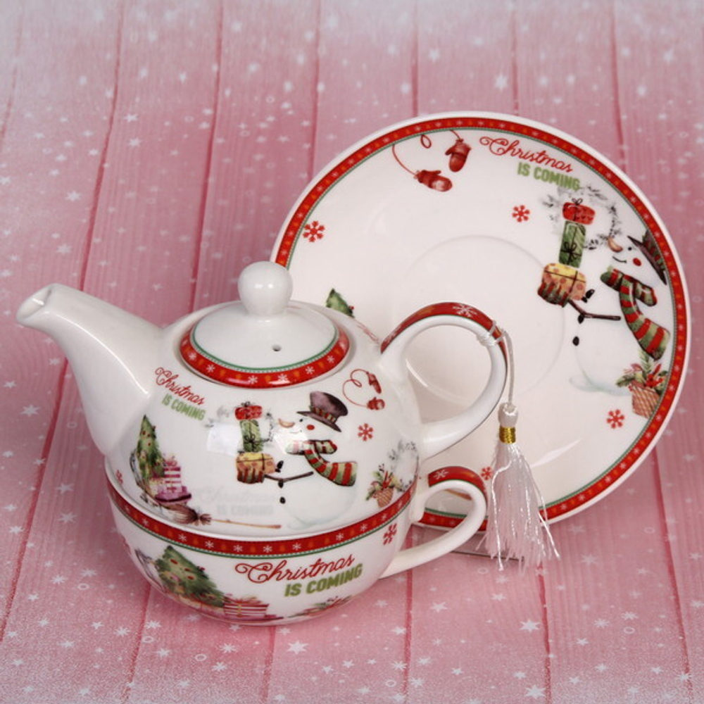 Набор чайный 3предмета ( чайник керамический 300мл+кружка 250мл+блюдце) «Снеговик»