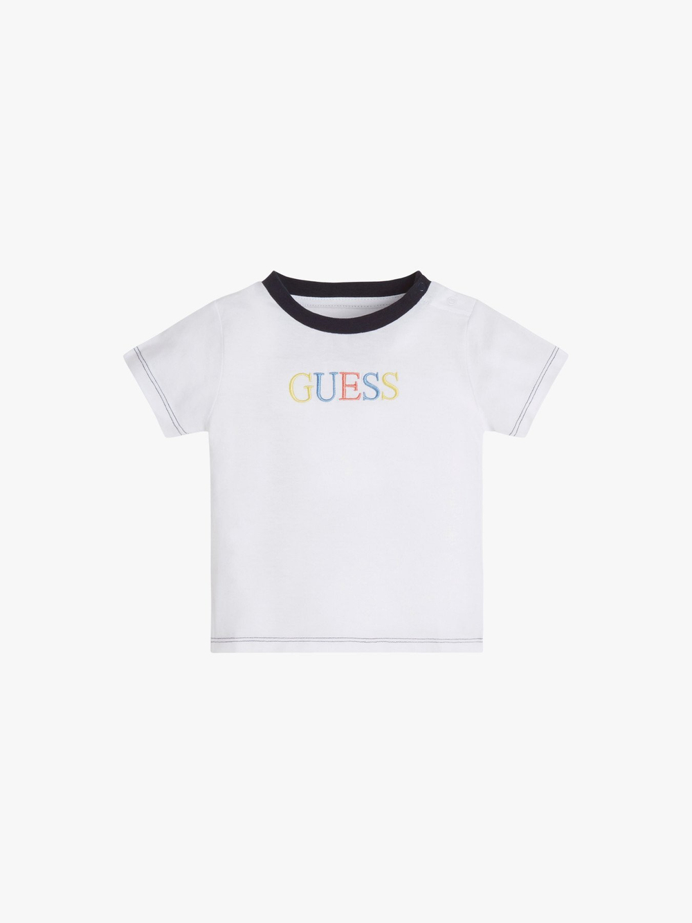 Футболка GUESS Белый/Темно-синяя отделка и отстрочка/Вышивка: разноцветная надпись-логотип Мальчик