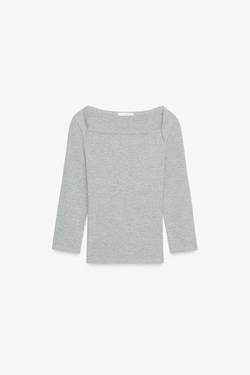 ZARA ФУТБОЛКА ИЗ ХЛОПКА И МОДАЛА, СЕРЫЙ МЕЛАНЖ