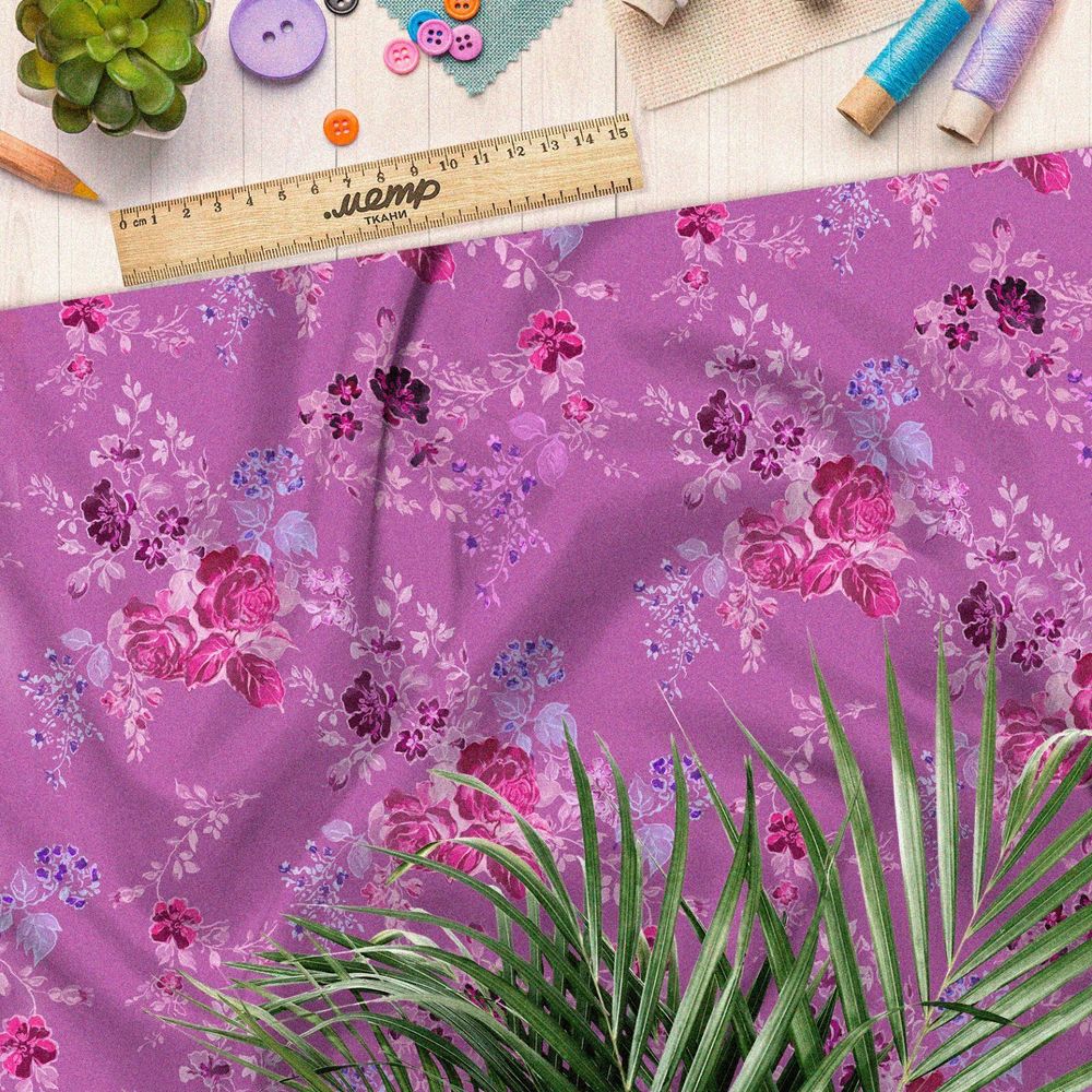 Ткань бифлекс розы с веточками листьев