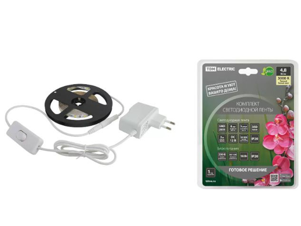 Лента светодиодная комплект SMD2835 60LED/м 12B 4,8Вт/м IP20 3000К 3м 18Вт TDM