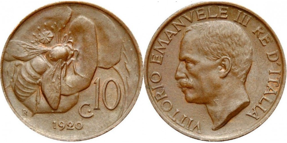 Италия 10 чентезимо, 1919 - 1937 Пчела XF