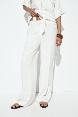 ZARA БРЮКИ С ШИРОКИМИ ШТАНИНАМИ И ЭЛАСТИЧНОЙ ТАЛИЕЙ, ЖЕЛТОВАТО-БЕЛЫЙ