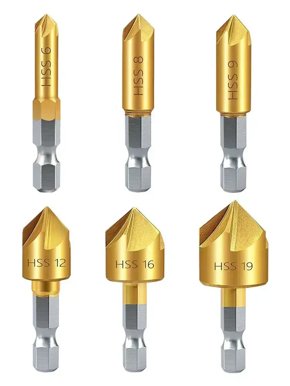 Набор зенкеров с титановым покрытием по металлу и дереву XCAN шестигранный хвостовик, 90 градусов, 6-19 мм, 6 шт.