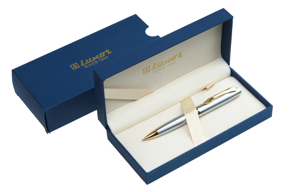 Ручка шариковая TRIDENT Luxor поворотный механизм синяя 0.7мм корпус серебристый с золотым металлический в подарочном футляре синего цвета
