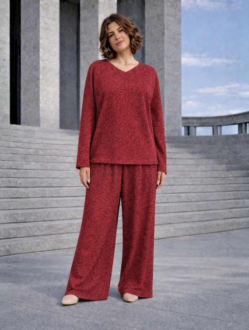 Палаццо + лонг + кушак / меланж бордово -красный