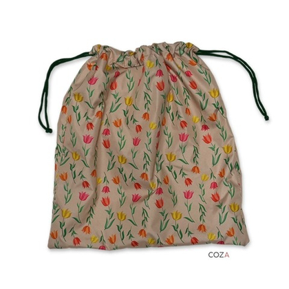 Мешок COZA для хранения вещей с принтом "Тюльпаны", бежевый фон, на шнурке, 33х37 см