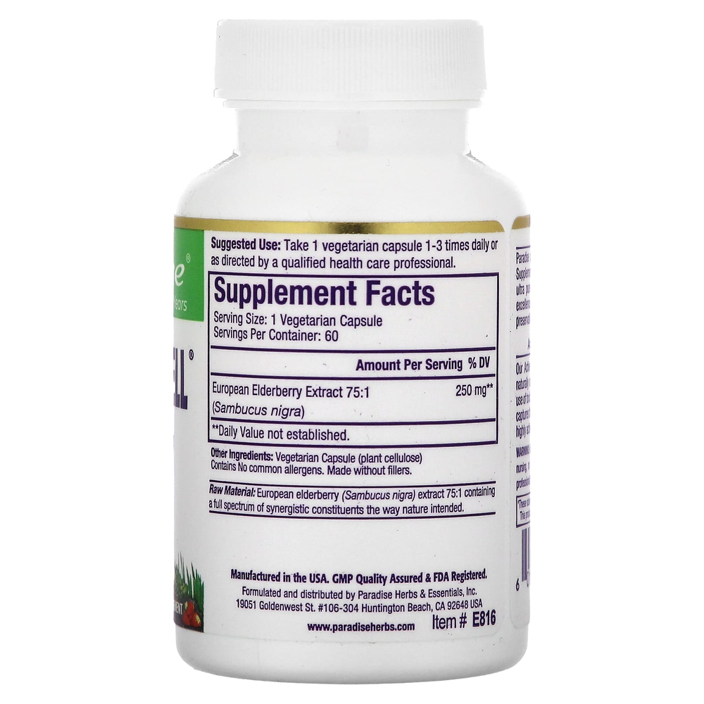 Paradise Herbs, Sambuca-Well, европейская бузина, 250 мг, 60 вегетарианских капсул