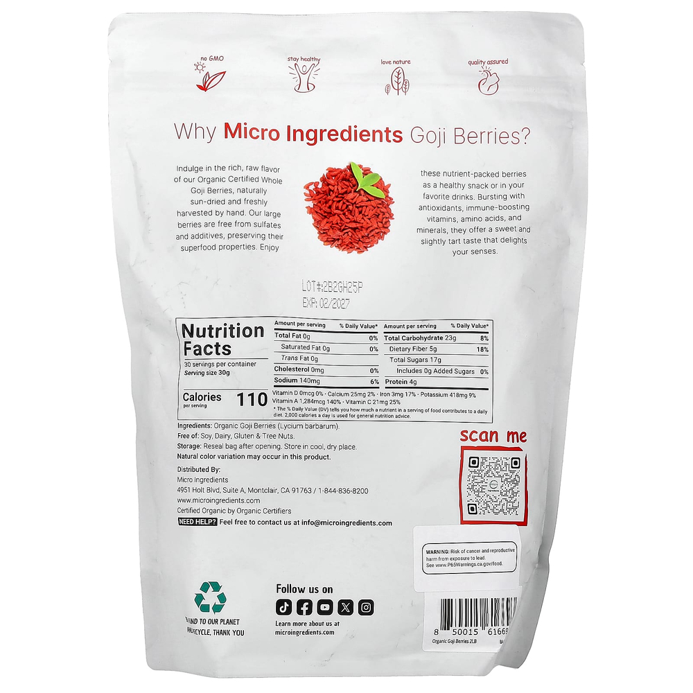 Micro Ingredients, Органические ягоды годжи, 907 г (2 фунта)