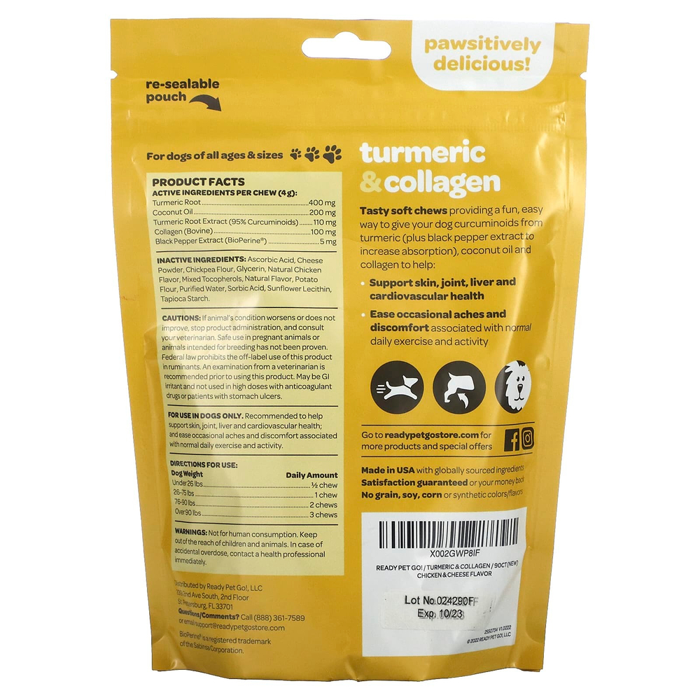 Ready Pet Go, Куркума и коллаген, для собак всех возрастов, со вкусом курицы и сыра, 90 мягких жевательных таблеток, 360 г, (12,7 унции)