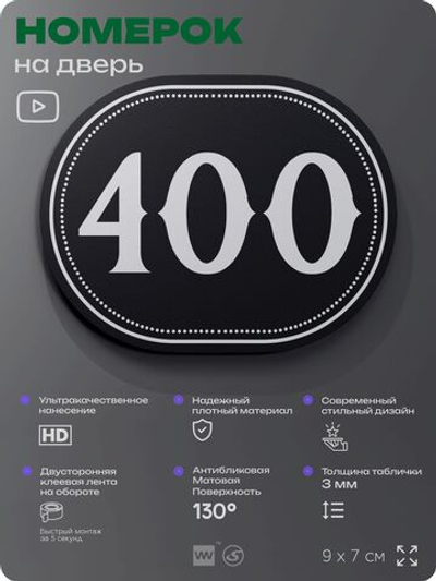 Номерок на дверь квартиры 400, для кабинета, офиса, шильдик 9 х 7 см, черный, Айдентика Технолоджи