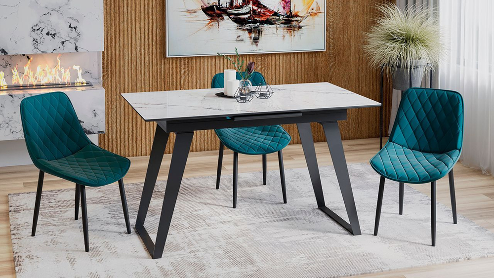 Стол кухонный обеденный раздвижной Черный муар/Стекло глянцевое черный мрамор 140(180)х80х77 см