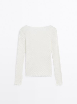 Massimo Dutti Топ из 100% хлопка с рельефным узором и длинными рукавами, натуральный, кремовый