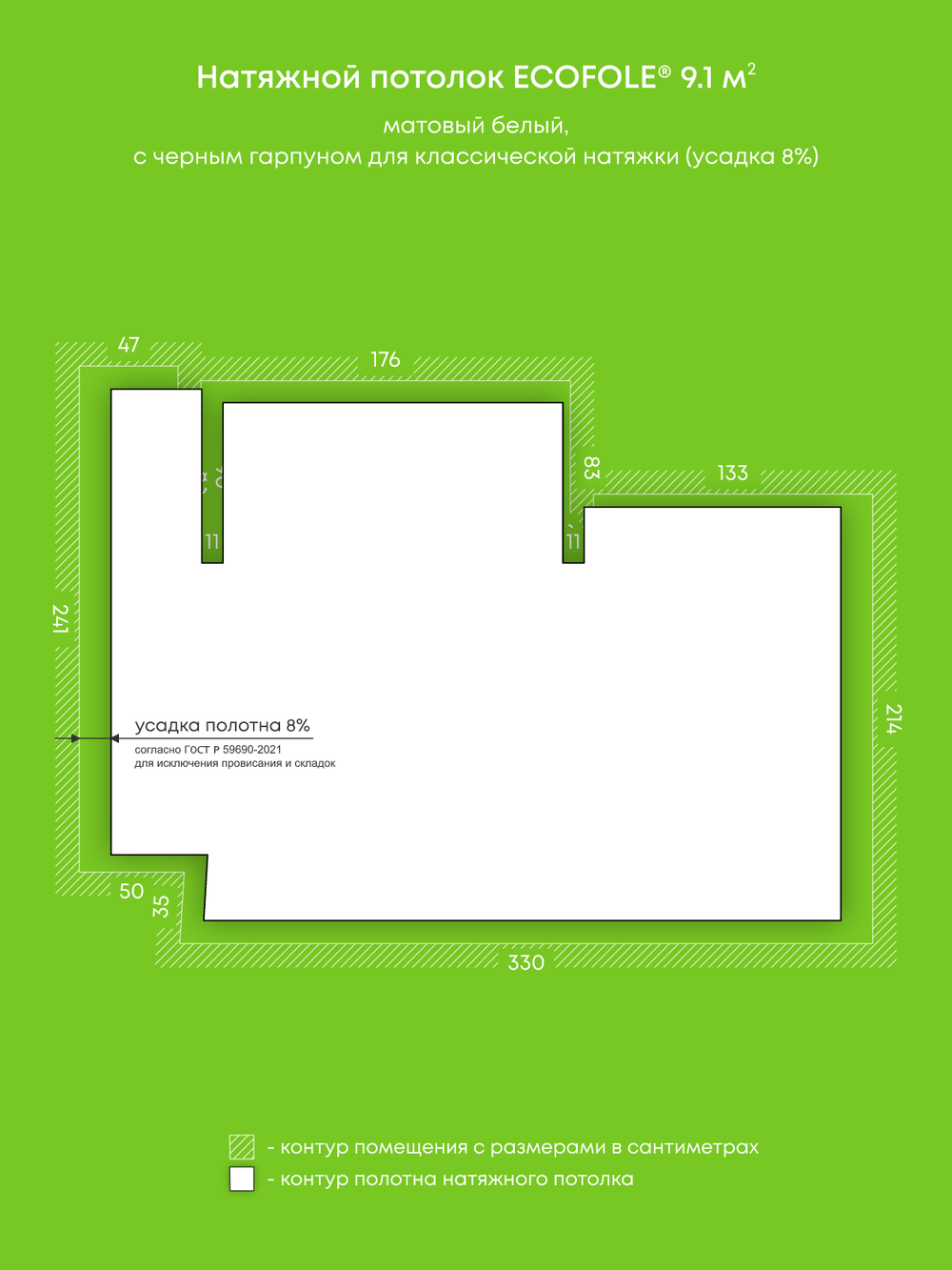 Матовый натяжной потолок 9.1 м2