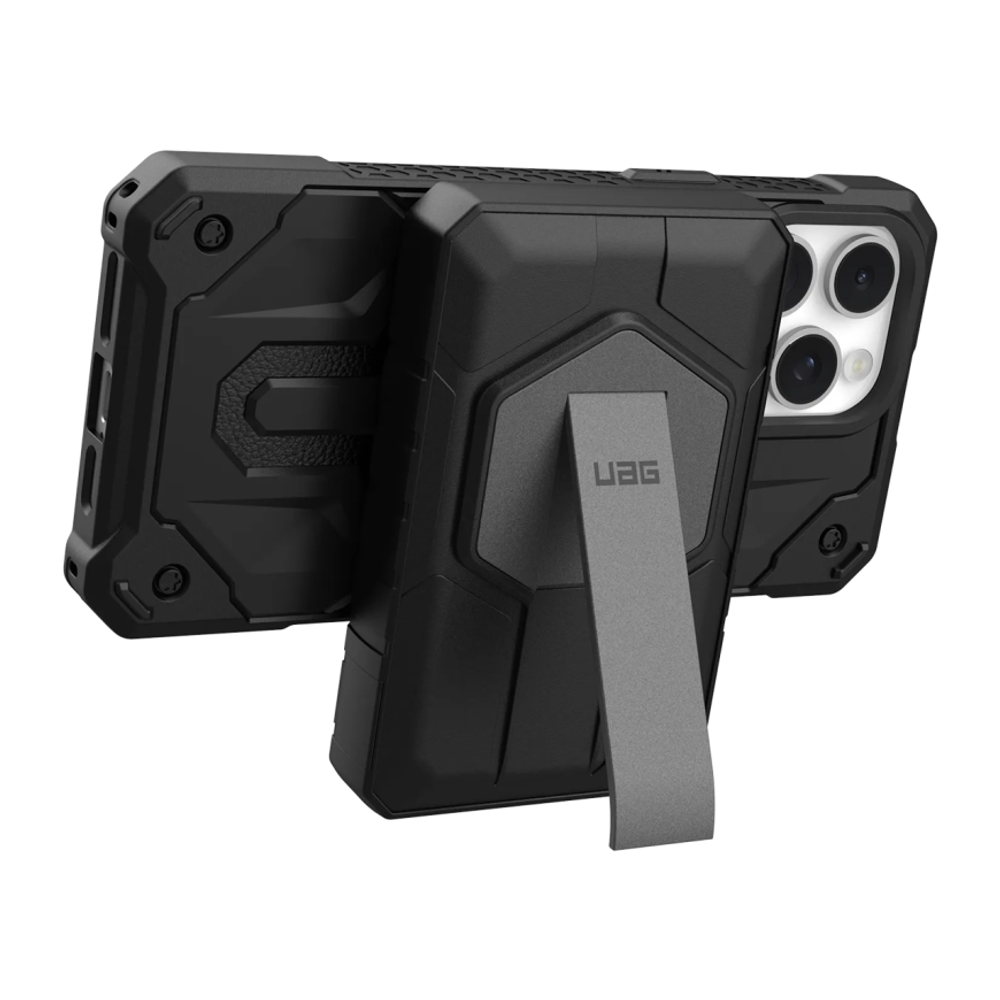 Внешний аккумулятор MagSafe с подставкой UAG Rugged 10K (10000 мА·ч) Беспроводная зарядка: Qi 10 Вт. Проводная зарядка: USB-C. Есть LED-индикация. Энергоёмкость — 38,5 Вт·ч. Максимальная выходная мощность — 20 Вт