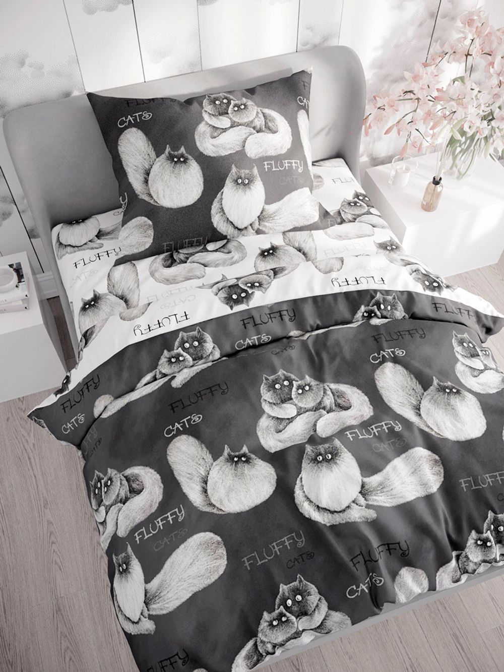 Постельное белье поплин Сказка "Fluffy/Флиппи" 1,5-сп Наволочка 50х70 см 1 шт Простынь 150x215 см Пододеяльник 145x215 см