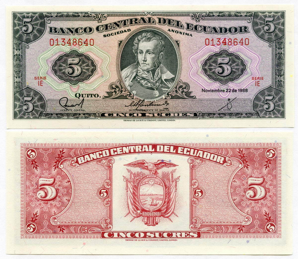 Банкнота Эквадор 5 сукре 1988 год IE 01348640. AUNC