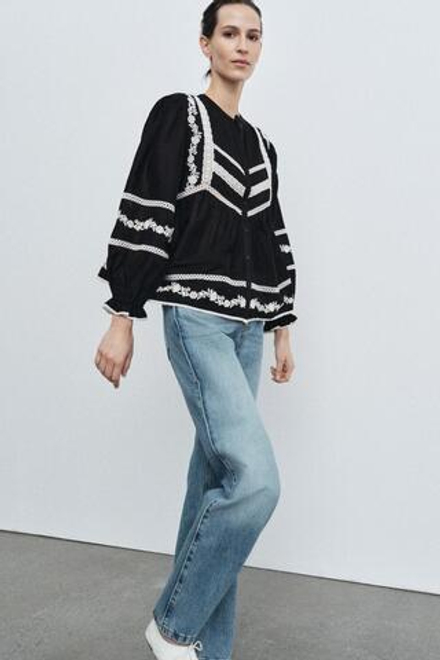 ZARA БЛУЗА С ВЫШИВКОЙ — ZW COLLECTION, ЧЕРНЫЙ/БЕЛЫЙ