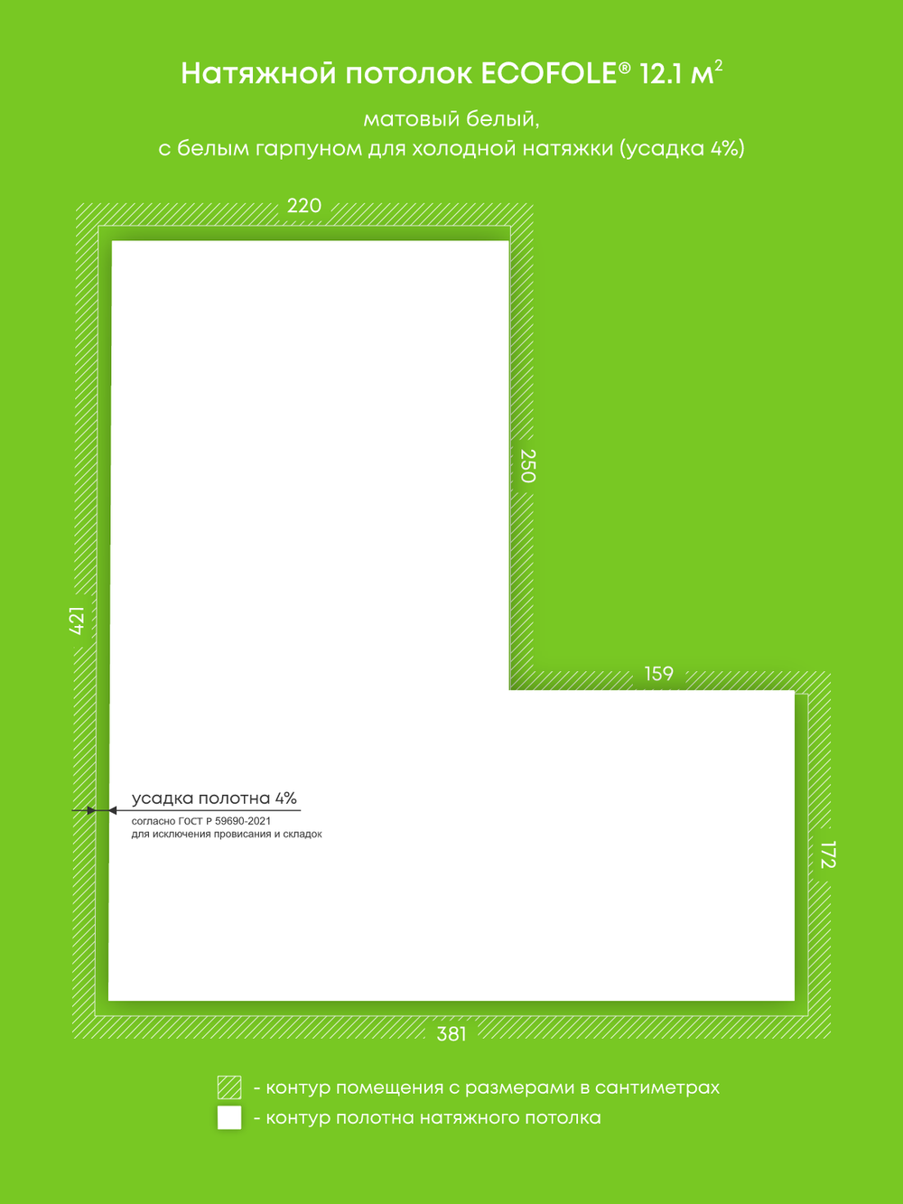 Матовый натяжной потолок 12.1 м2