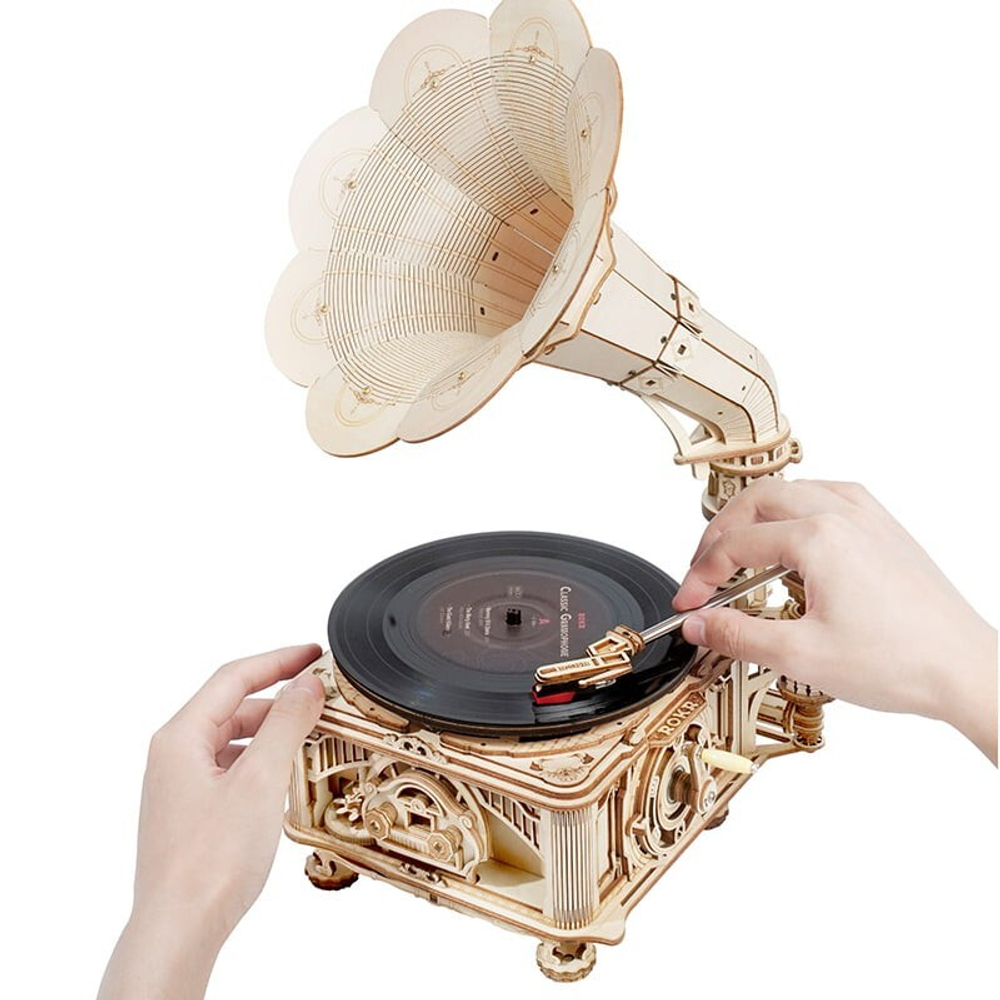 Деревянный конструктор Классический граммофон с USB подключением (ROKR)