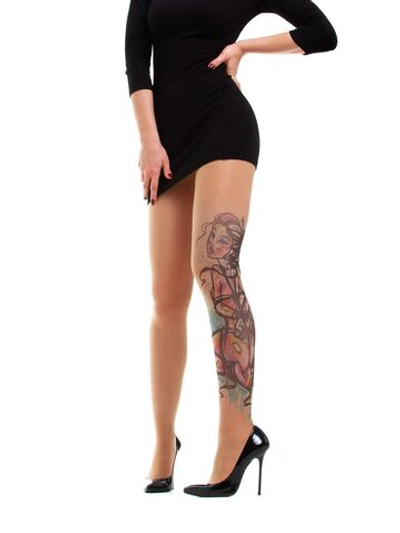 Колготки с принтом на левом ножке в виде связанной девушки (Размер: S-M-L) (Цвет: бежевый)