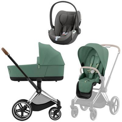 Коляска 3 в 1 Cybex Priam IV Chrome Brown complete и автокресло Cloud T i-Size Mirage Grey Leaf Green