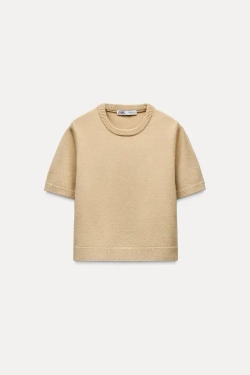 ZARA БАЗОВЫЙ ОДНОТОННЫЙ ТРИКОТАЖНЫЙ ТОП С КОРОТКИМИ РУКАВАМИ, БЕЖЕВЫЙ