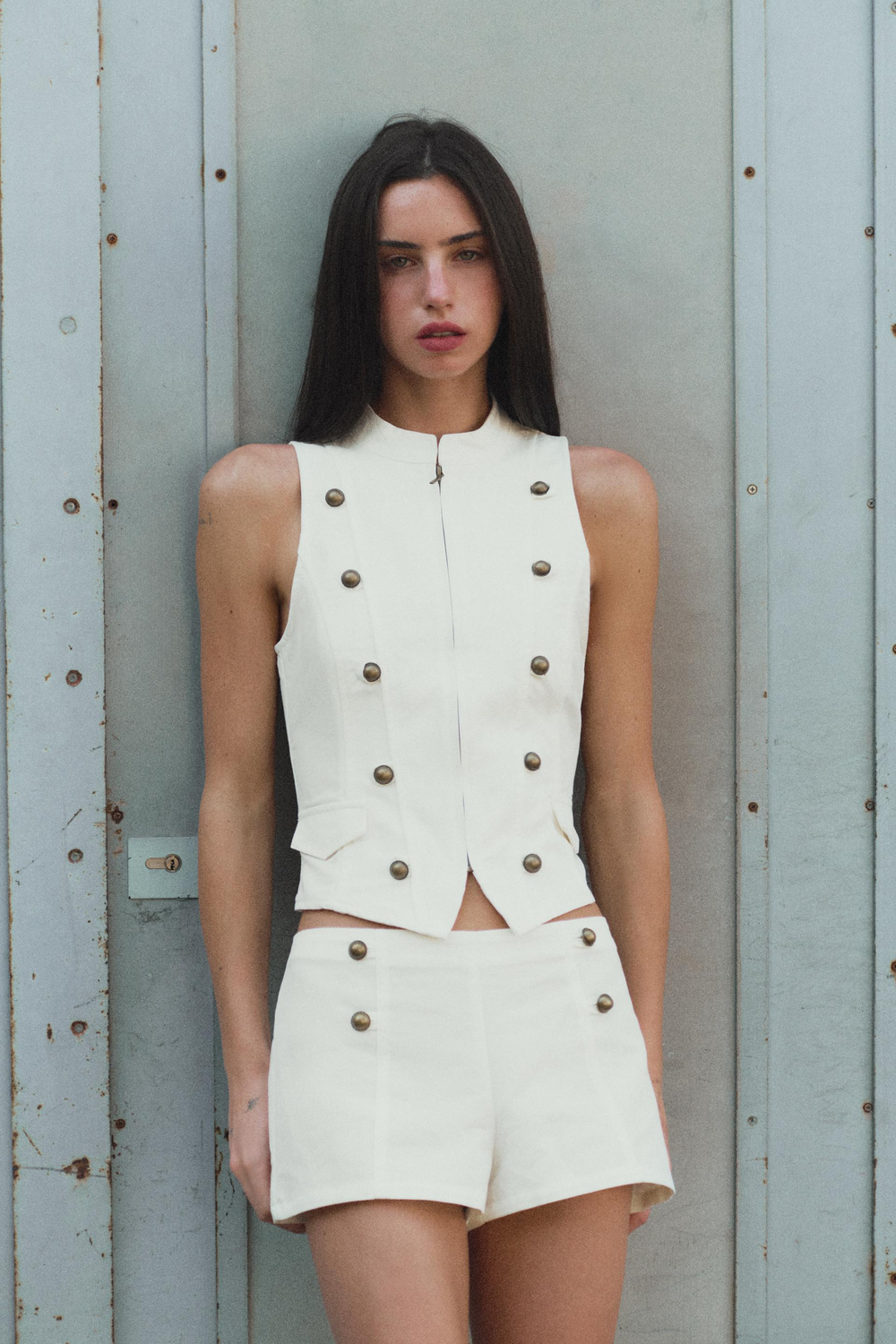 ZARA ТОП С ПУГОВИЦАМИ И МОЛНИЕЙ, ЖЕЛТОВАТО-БЕЛЫЙ