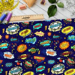 Ткань дюспо мелкие звуки из комиксов на тёмно-синем фоне