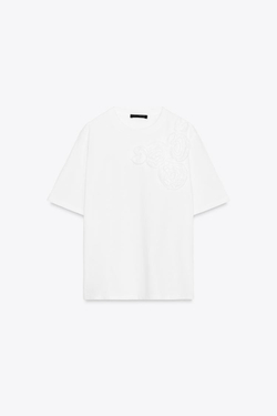 ZARA ФУТБОЛКА С ОБЪЕМНЫМИ ЦВЕТАМИ, БЕЛЫЙ