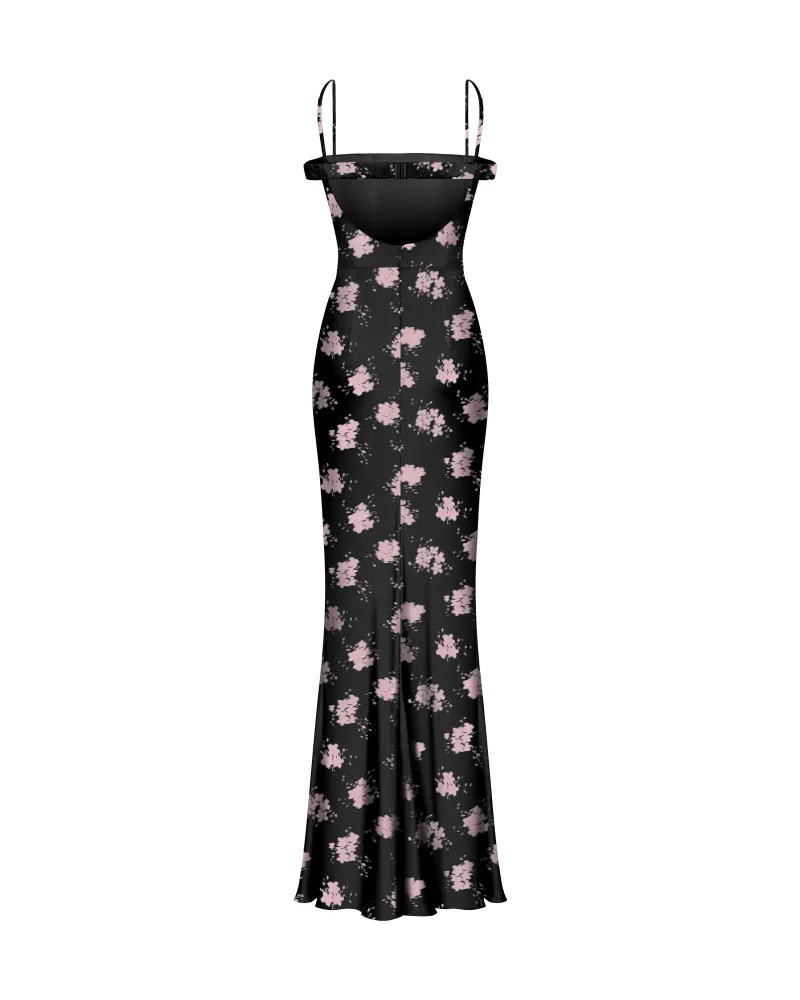 Melany maxi, платье макси из черного атласа со средним цветочным принтом