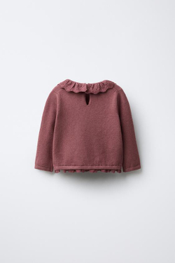 ZARA ВЯЗАНЫЙ ДЖЕМПЕР С КРУЖЕВОМ, РОЗОВЫЙ