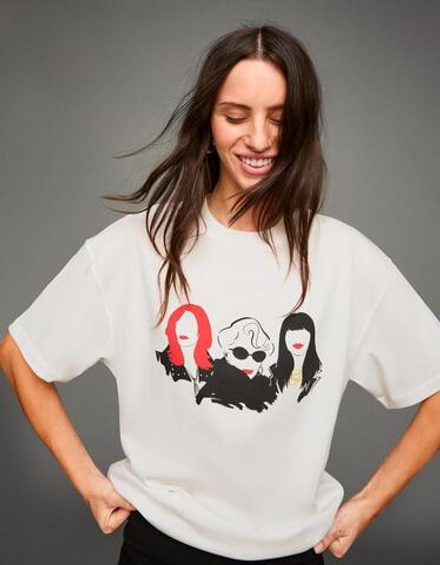 BERSHKA Футболка с коротким рукавом и принтом The Devil Wears Prada, белый