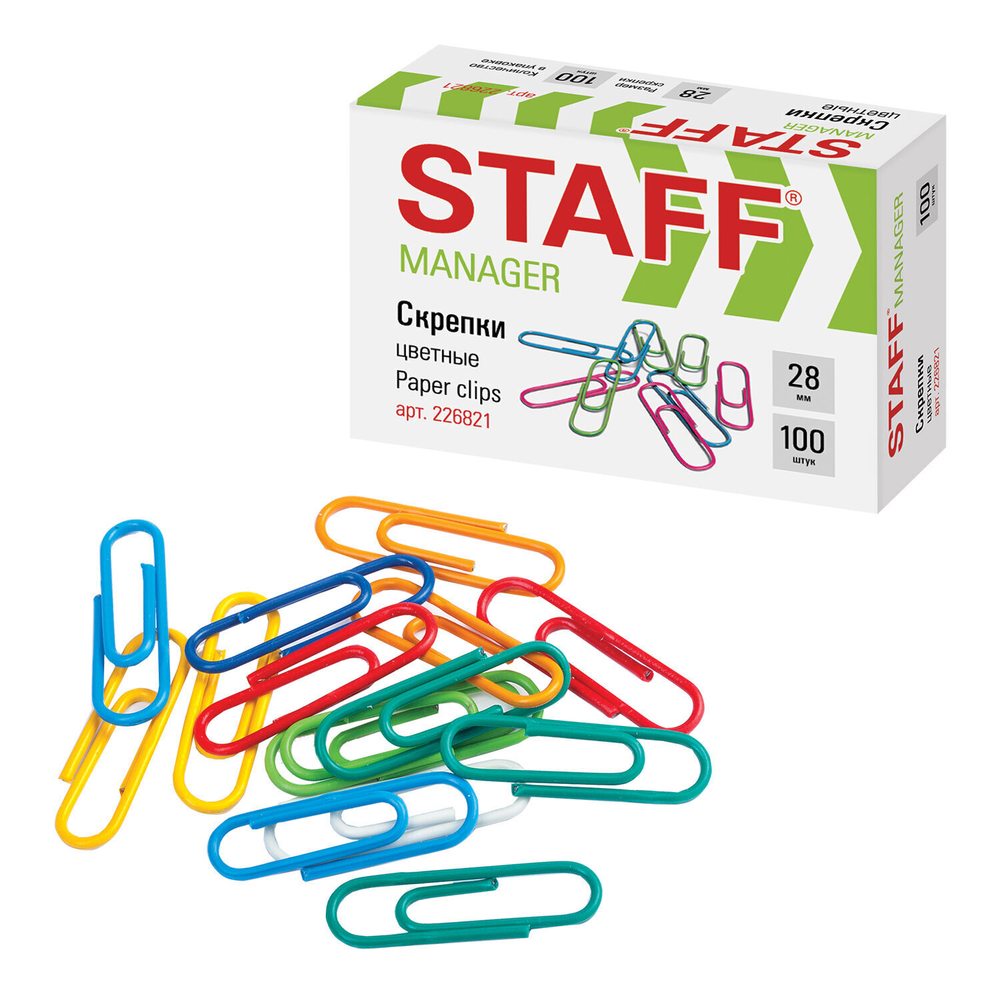 Скрепки STAFF "Manager" 28 мм цветные 100 шт. в картонной коробке (30 штук в упаковке)
