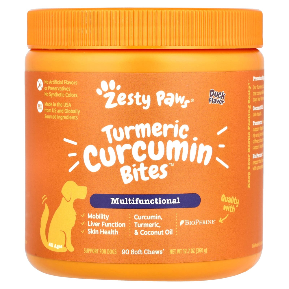 Zesty Paws, Куркума, куркумин для собак, для всех возрастов, утиный вкус, 90 жевательных таблеток