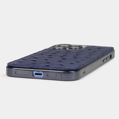 Чехол для iPhone 15 Pro Max из кожи страуса, синего цвета