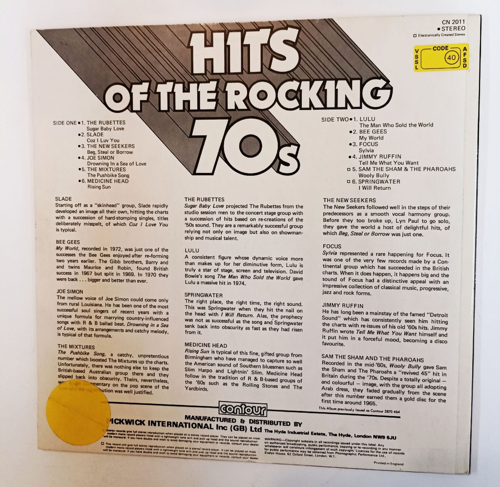Винтажная виниловая пластинка LP Сборник Hits Of The Rocking 70s (UK 1976)