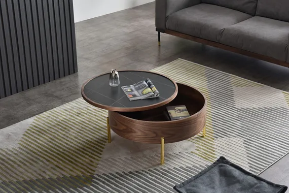 Журнальный столик Slide Ø80х40 см со сдвижной столешницей, черная керамика