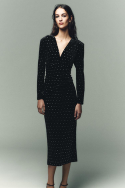 ZARA БАРХАТНОЕ ПЛАТЬЕ МИДИ С БЛЕСТКАМИ, ЧЕРНЫЙ