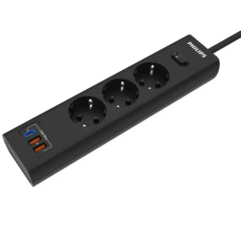 Сетевой фильтр удлинитель Philips CHP4336BA/51 с тремя стандартными розетками EU, 2 USB-A, Type-C, с заземлением и защитой от перегрузок, 2 м, черный