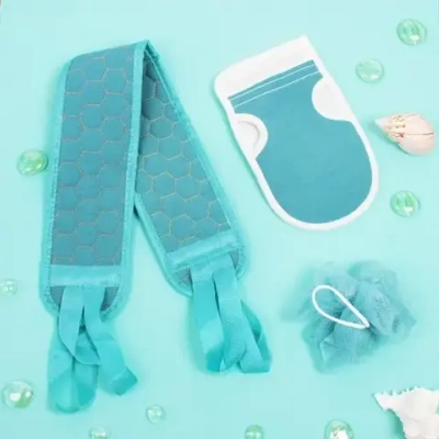 Набор массажных мочалок 3шт «Уход за телом», цвет голубой, 21,5*13см, 80*9см,12см (зип пакет )✦