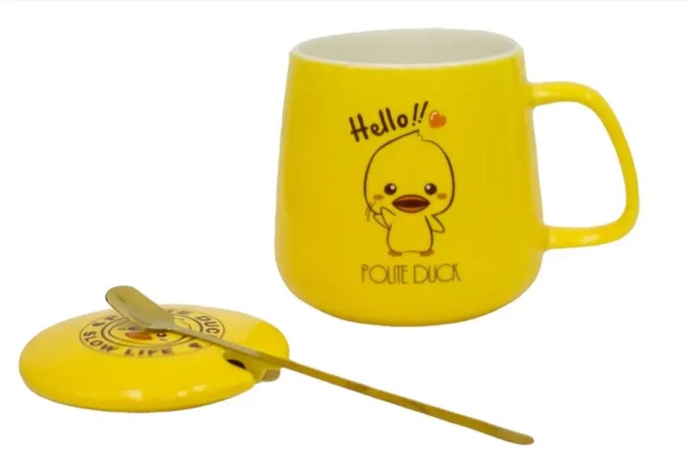 Керамическая кружка с крышкой и ложкой, 9,8*8 см, розовый/желтый, 410 мл