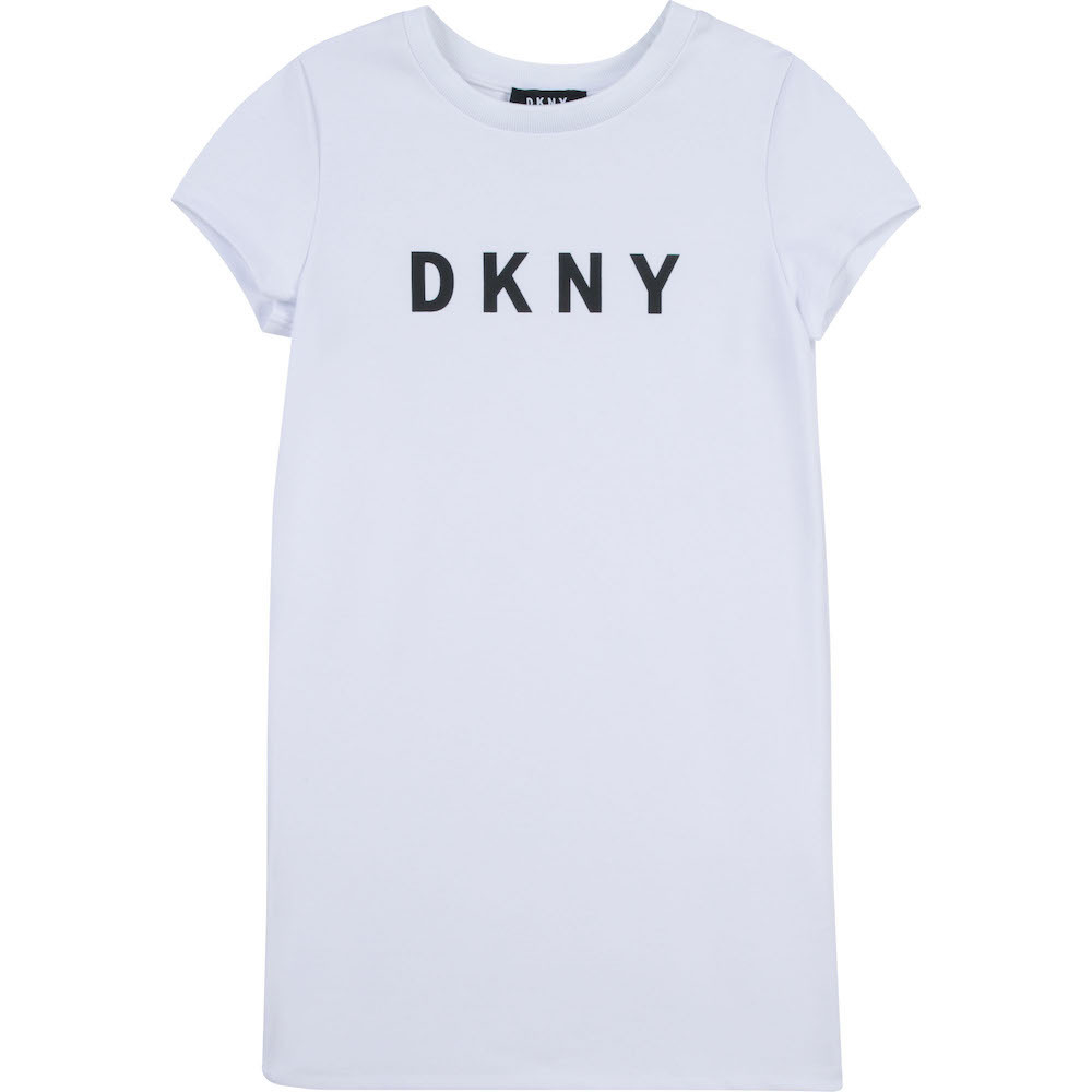 Платье (сетка) DKNY Белый трикотаж/Сверху: белая сетка/Черный принт: "газета" (Девочка)