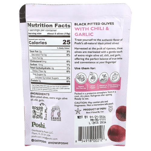Poshi, Snacks, черные оливки премиального качества, перец чили и чеснок, 30 г (1,1 унции)