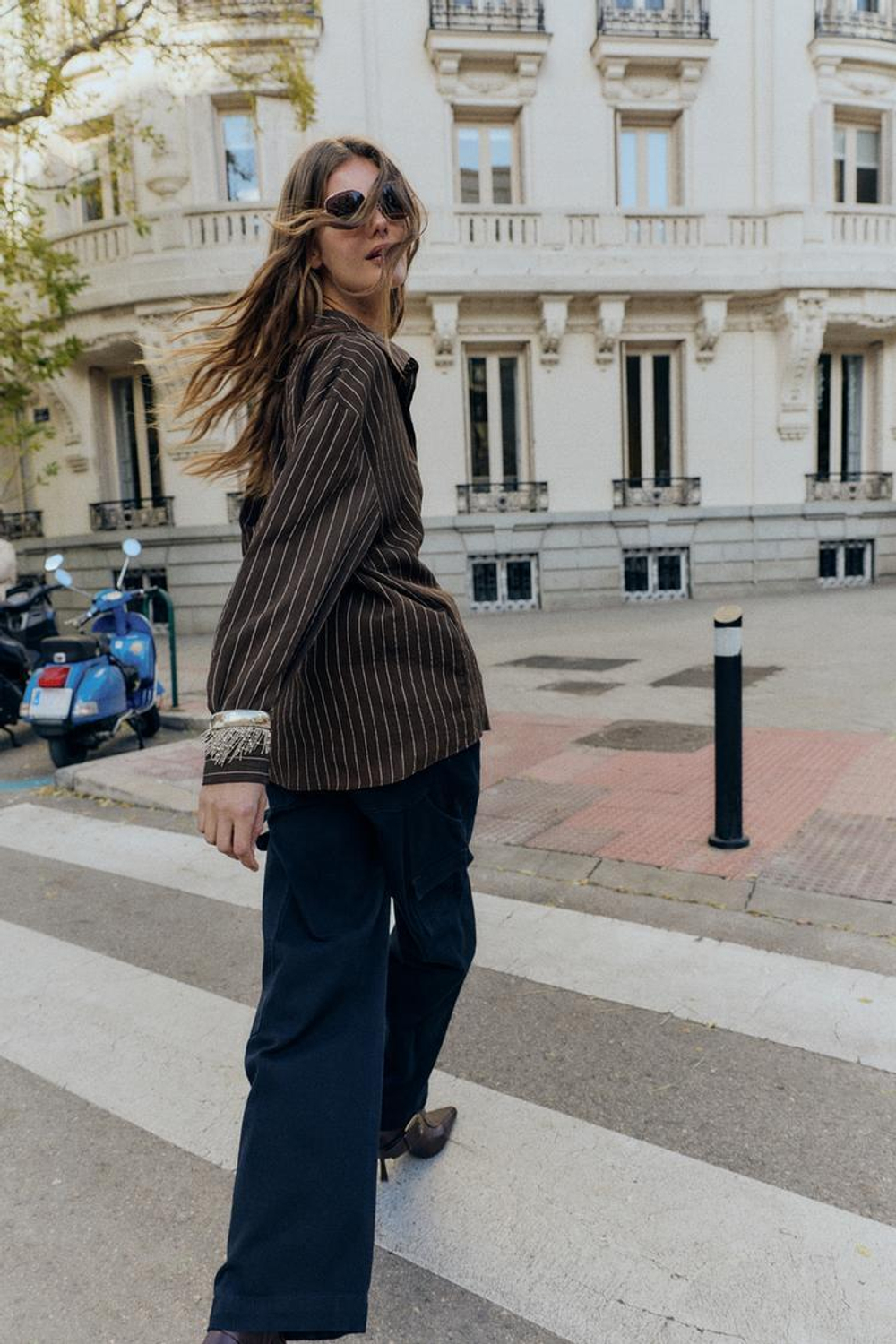 ZARA РУБАШКА В ПОЛОСКУ С ПРЯЖКАМИ, КОРИЧНЕВЫЙ/ЭКРЮ