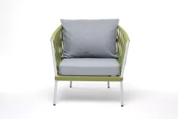 "Диего" кресло плетеное из роупа, каркас алюминий светло-серый (RAL7035) муар, роуп салатовый меланж круглый, ткань светло-серая