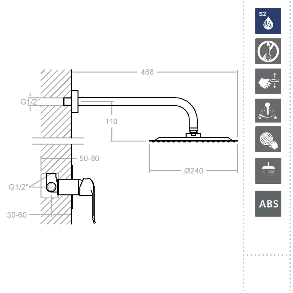 Встраиваемый смеситель для душа с тропическим душем NEW FLY K5718012NM черный