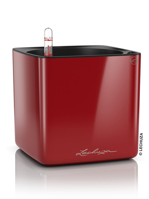 Кашпо Lechuza "Cube Glossy Complete scarlet red high gloss" (пластик), 17x17xH16 см