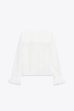 ZARA РУБАШКА С КРУГЛЫМ ВОРОТНИКОМ И КРУЖЕВОМ, ЖЕЛТОВАТО-БЕЛЫЙ