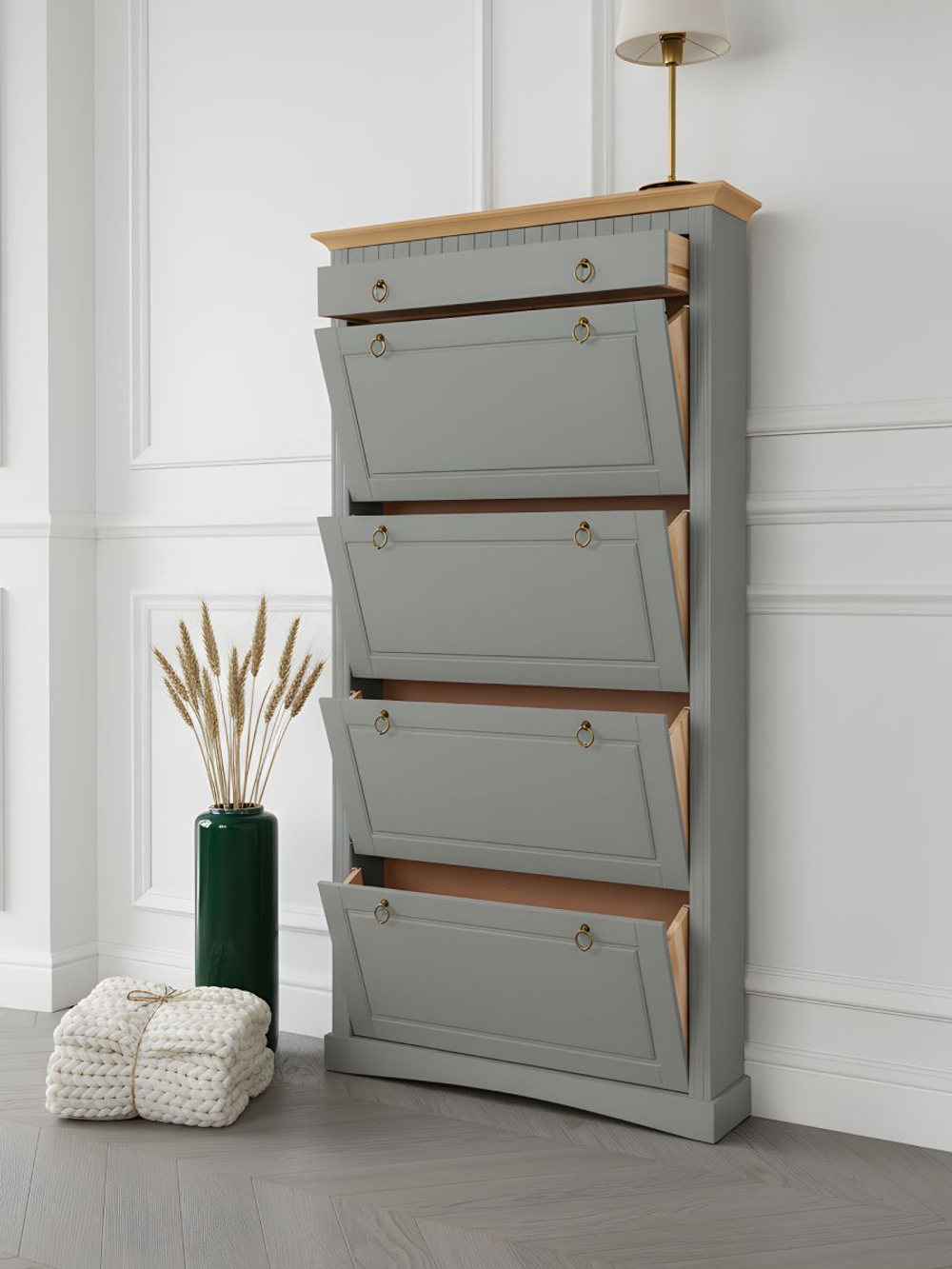 Обувница для прихожей, 87х21х169, Неаполь, закрытая, 4 двери 1 ящик, из массива дерева, зеленый эвкалипт, Dipriz